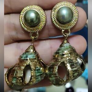 Gold-Tone Green Shell and Pearl Drop Earrings